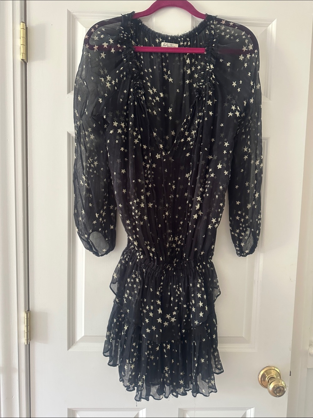 LoveShackFancy Black Long Sleeve Star Print Dress
